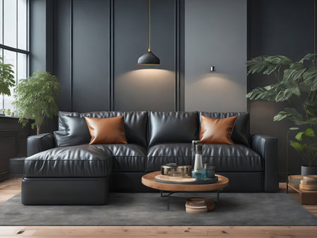 cozy spacious room. luxury apartments. leather sofa in minimalism. Generative AIの素材
