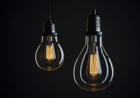 Two light bulbs on dark background. Ceiling lights. Generative AIの素材