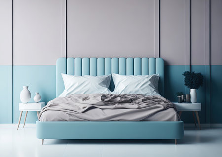 Interior of cozy bedroom in modern design. minimalistic apartment with a bed. Generative AIの素材