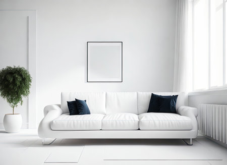 Stylish living room interior with comfortable sofa. home decor. Bright interior. Generative AIの素材