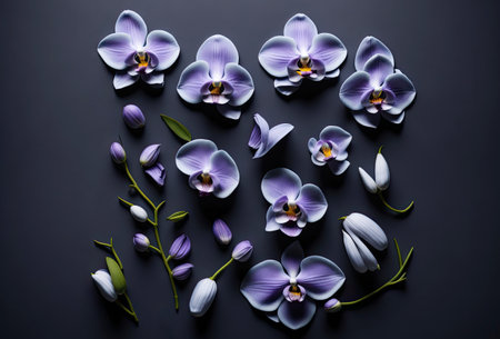 Summer background with orchid flowers. Flat lay, top view. Generative AIの素材
