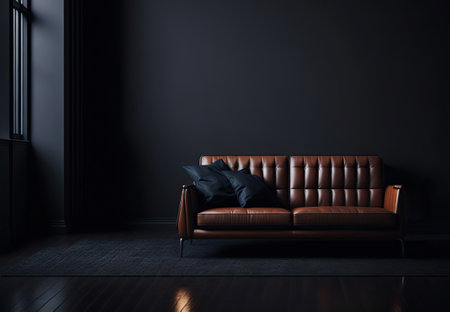 brown sofa in empty dark interior. mockup. luxury living room. Generative AIの素材