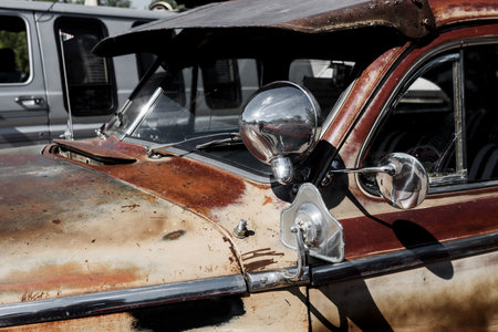 mirror of old retro car. rusty vintage carの写真素材