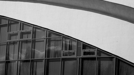Modern architecture in the style of brutalism. Fragment of a concrete buildingの写真素材