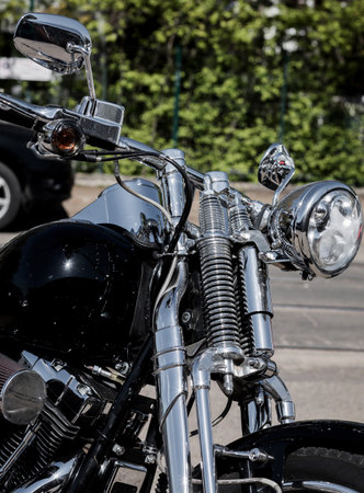 chrome motorcycle front view. handlebar, and headlight of a classic chopperの写真素材