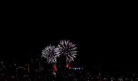 Fireworks on night city background. fireworks on skyの写真素材
