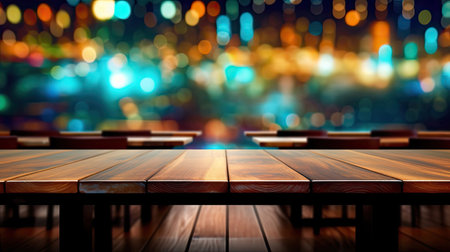Empty dark wooden table in front of abstract blurred bokeh background of restaurant. Mock up for space. Generative AIの素材