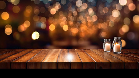 Dark wooden table in front of abstract blurred lights background. place for your products on the table. Generative AIの素材