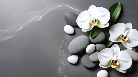 spa stones, orchid flower on gray background. Relax and beauty concept at spa. zen like concepts. Generative AIの素材