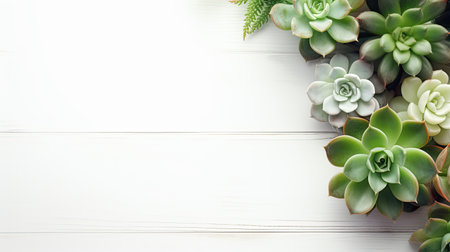Floral flat lay Succulent plants on wooden background. Generative AIの素材