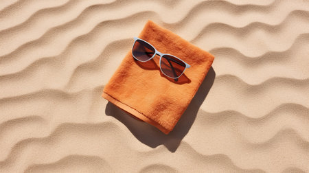 beach towel and sunglasses on sand. concept of tanning, vacation, relaxation. Generative AIの素材
