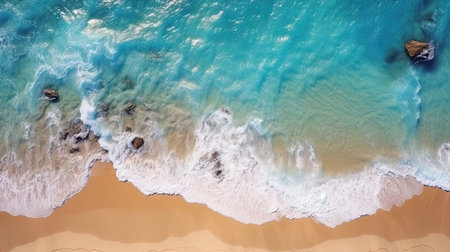 Aerial view beautiful sandy beach and soft blue ocean wave. Generative AIの素材