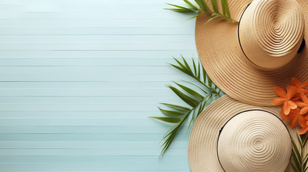 Two Straw hats, palm leaf and space for text on background, flat lay. summer holidays. Generative AIの素材