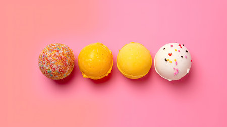 Set of four various ice cream scoop or balls on background. top view. Generative AIの素材