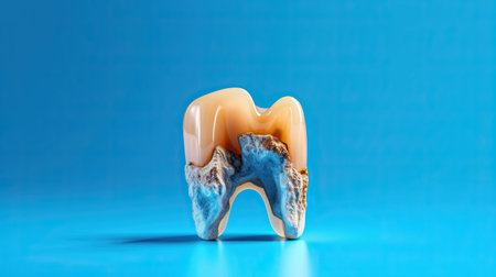 tooth inflammation. model of a tooth with caries (plaque) on blue background. Generative AIの素材