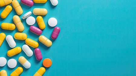 Colorful medicine tablets on blue background. Different pills, flat lay. Generative AIの素材