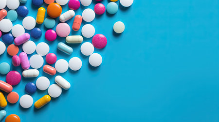 Pharmacy background on blue background. pills. medicine and healthy. Close up capsules. different kind of medicines. Generative AIの素材
