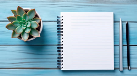 Empty notebook on blue wooden table and succulent. Empty place for daily plans, important information. top view. flat lay. Generative AIの素材