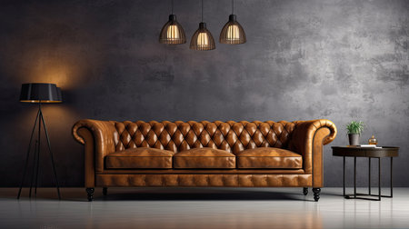 Loft Interior with leather sofa and luxury lamps and table. Generative AIの素材