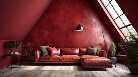 Loft interior mock up. Vintage apartment with leather sofa and retro lamp. Generative AIの素材