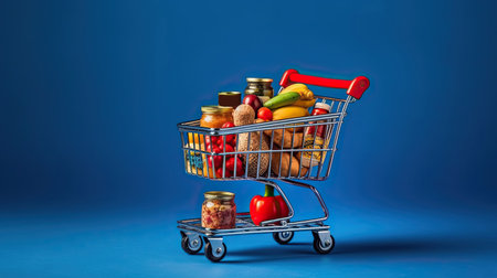 supermarket groceries in a miniature grocery cart on a blue background. Shopping trolley. Generative AIの素材