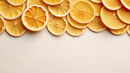 Pile of dried orange slices on background. orange chips. Generative AIの素材