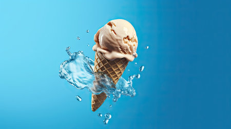 Ice cream in a waffle cone with piccies of flying ice. Generative AIの素材