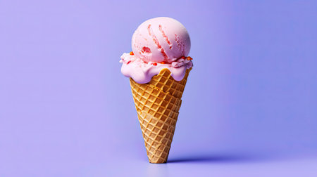Ice cream cone close-up. Icecream scoop in waffle cone over blue background. Generative AIの素材