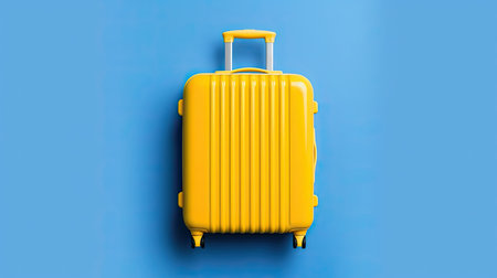 Yellow suitcase on a blue background. Travel and vacation concept. Generative AIの素材