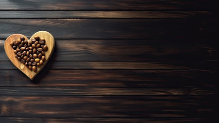 coffee beans in the shape of a heart on a dark wooden board. Generative AIの素材
