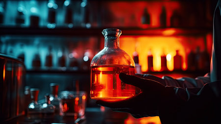 hands in rubber gloves holding flask with liquid. chemical laboratory. Generative AIの素材