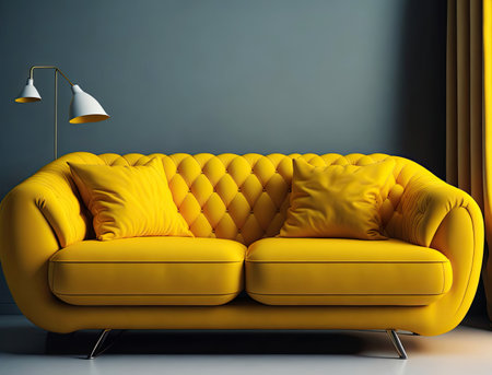 Stylish fabric sofa with buttons. Fashionable comfortable furniture. Luxury couch front view. Generative AIの素材