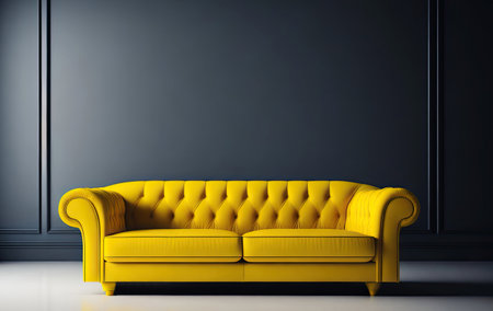 Stylish fabric sofa with buttons in minimalistic interior. Fashionable comfortable furniture. Luxury couch front view. Generative AIの素材