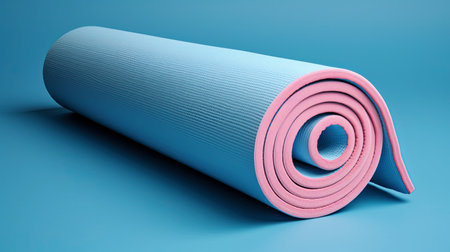 Rolled blue yoga mat on background. Fitness and exercise concept. active lifestyle. Workout at home or gym banner. Generative AIの素材