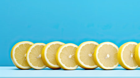 Pile of fresh lemon slice on blue wooden desk. fresh fruit. Generative AIの素材