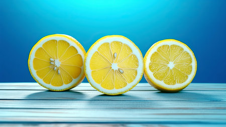 three lemon halves on a blue background. vegetarian food. Generative AIの素材