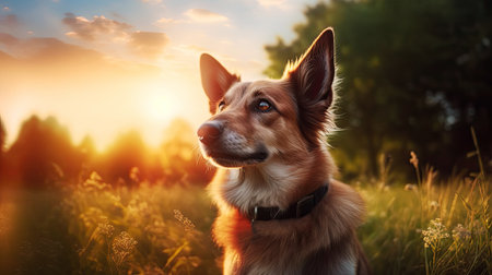 portrait of a beautiful dog at sunset in a field. a pet. Generative AIの素材
