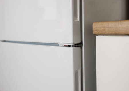 close up image of white refrigerator. household. Modern Domestic Major Appliancesの写真素材