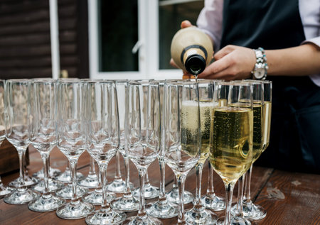 Waiter pouring champagne into glass. Sparkling wineの写真素材