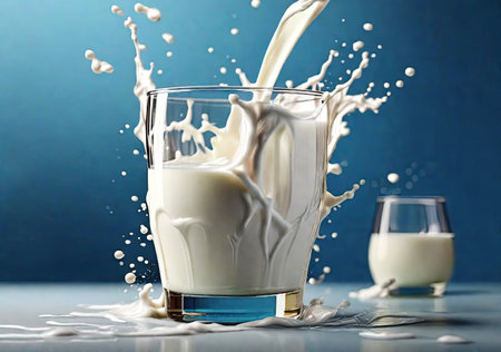 small glass of milk with splash on background. Dairy concept.の素材
