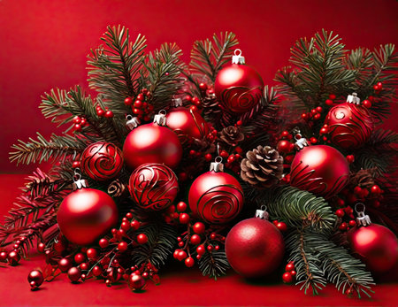 Red Christmas background with fir branches decorations.の素材