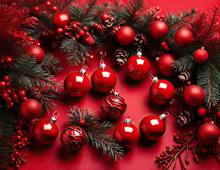 christmas and new year background - red Christmas ballsの素材