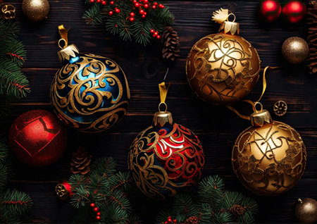 Christmas background with fir tree and balls on dark wooden background. Top view.の素材