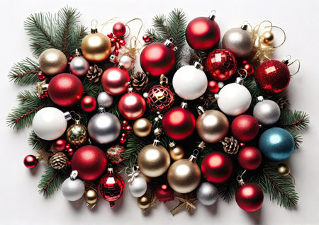 Top view tree branches with baubles on white backgroundの素材