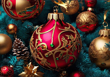 Close up view of beautiful fir branches with shiny baubles or balls, xmas ornaments and lights, Christmas holidays background.の素材