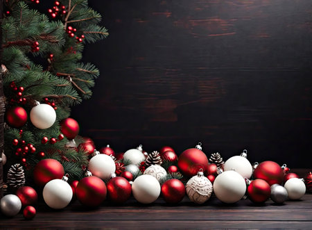 Christmas background with decorations and balls on wooden boardの素材