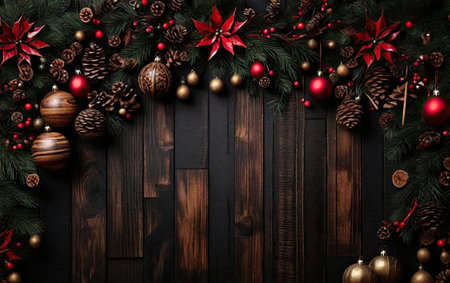 Christmas dark wooden background with baubles or balls, xmas ornaments Christmas holiday conceptの素材