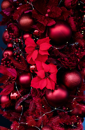 red christmas balls. tree decoration. bright decorの写真素材