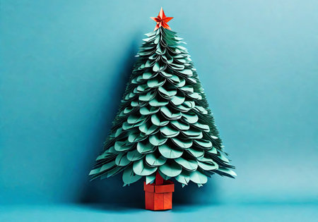 Christmas tree with star made of paper on backgroundの素材