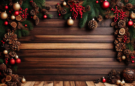 Christmas tree branch decorations on a wooden table. New Year themeの素材